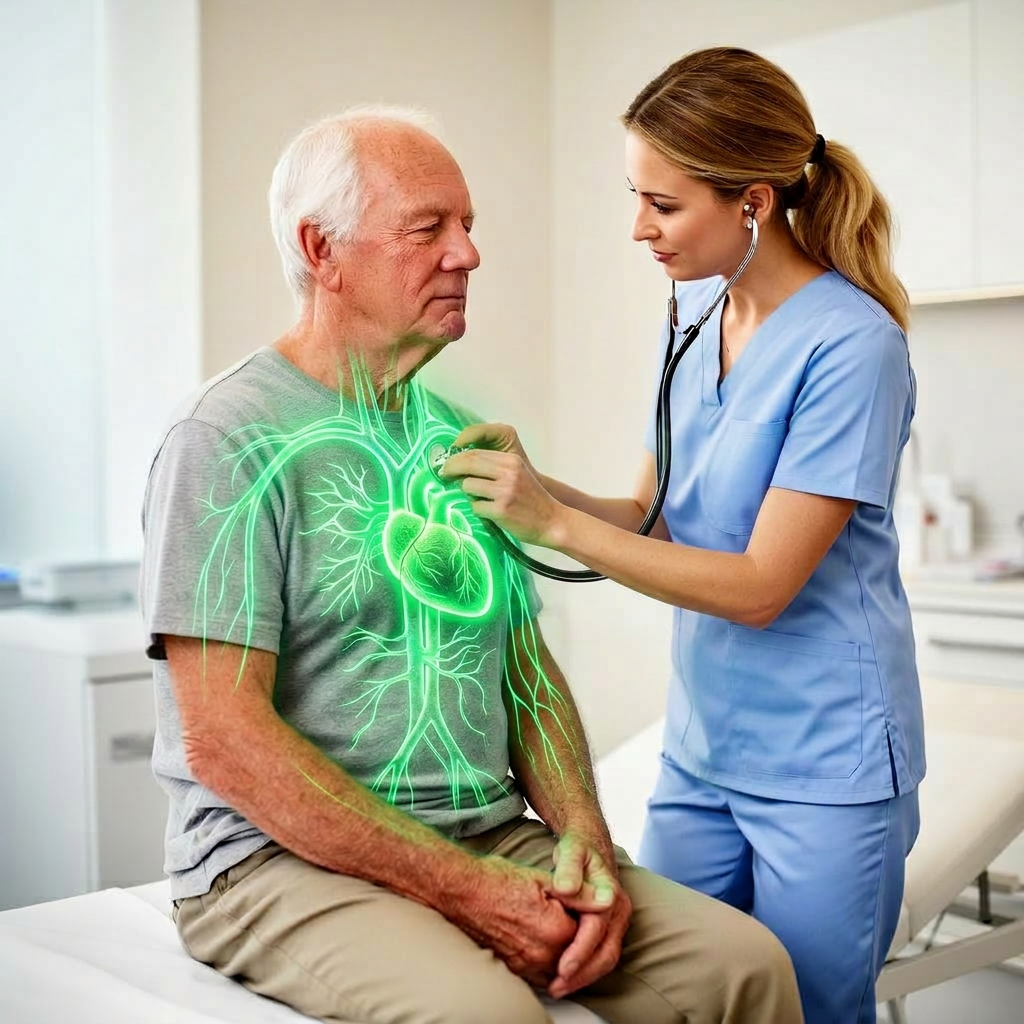 Nurse using a stethoscope to examine an elderly patient, with a glowing neon green heart and vascular system visualized over his chest